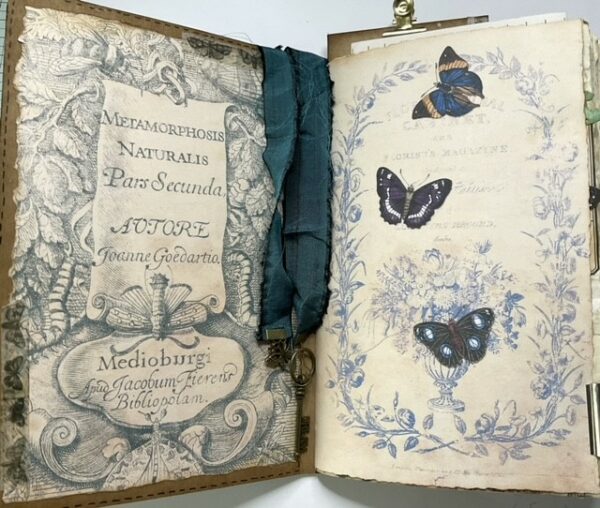 Junk journal spread with blue butterflies