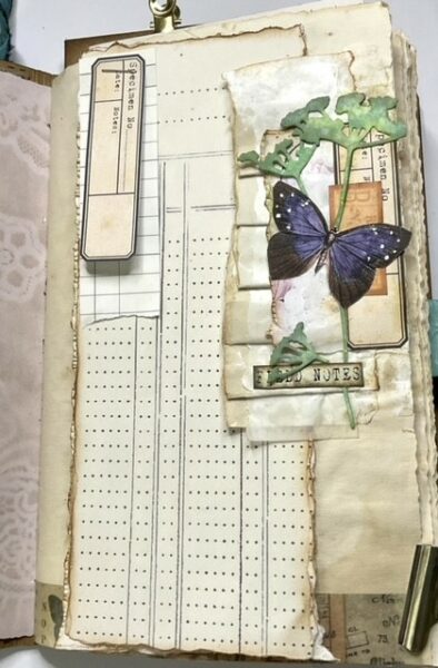 Junk journal spread with purple butterfly