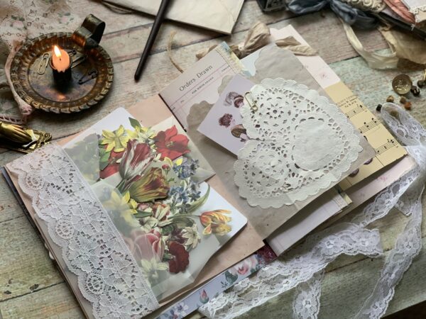 Junk journal spread with doily heart