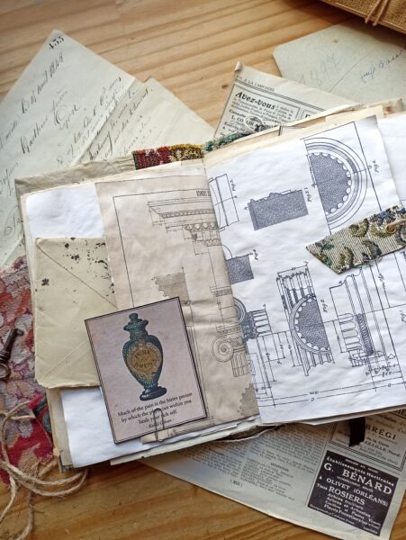 Junk journal spread with architectural drawing