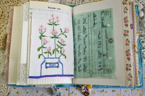 Junk journal spread with embroidered panel