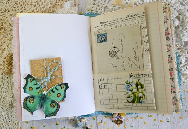 Junk journal spread with green butterfly