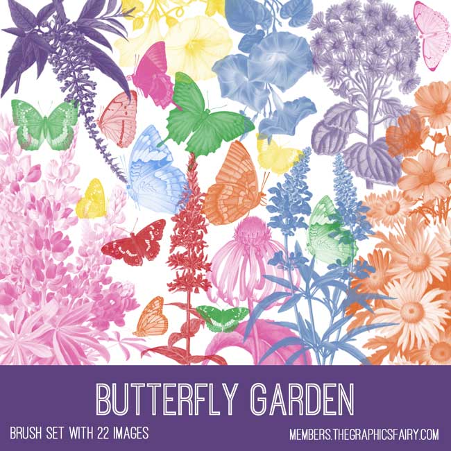 vintage Butterfly Garden ephemera brush set