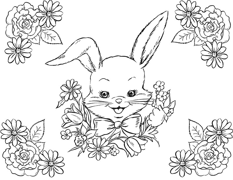 Bunny coloring pages with flowers