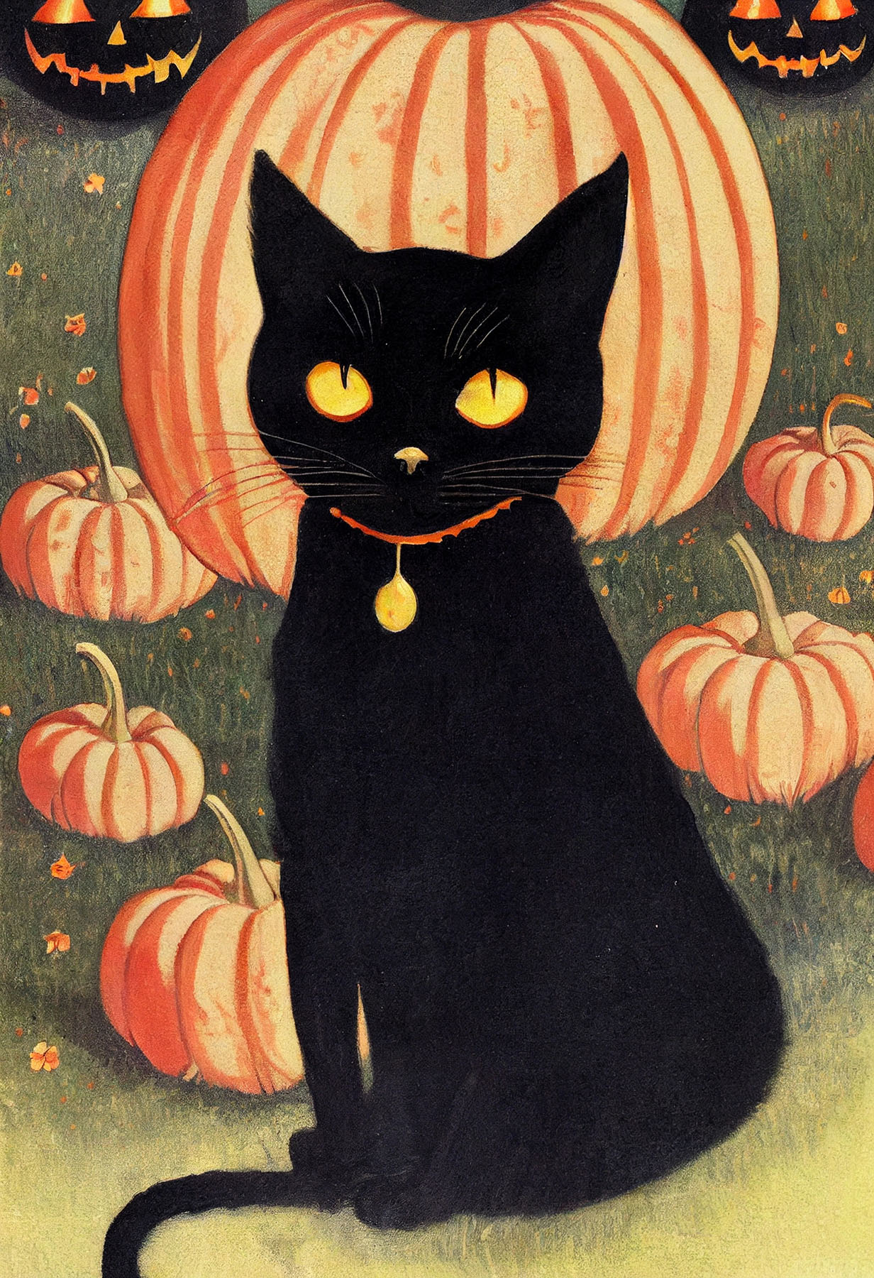 Halloween Cat with Pumpkins
