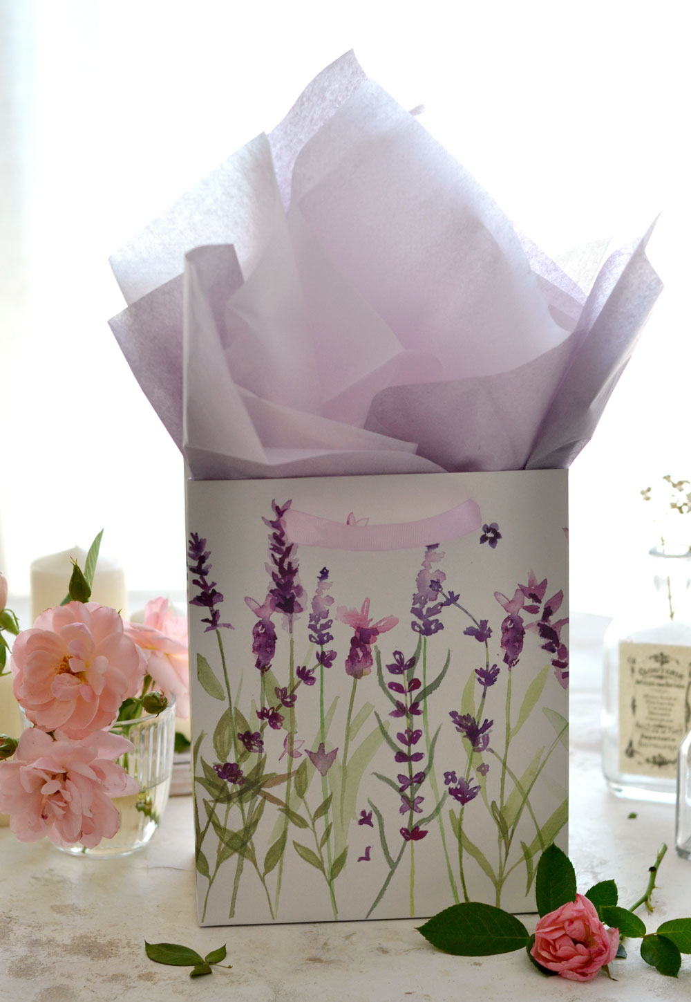 lavender gift bag with tissue