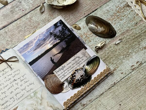 Junk journal spread with lake photo and shells