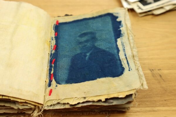 Junk journal spread with cyanotype photo