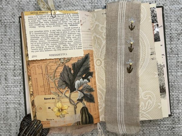 Junk journal spread with stitched bookmark