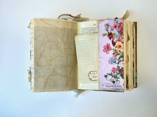 Junk journal spread with floral tuck spot