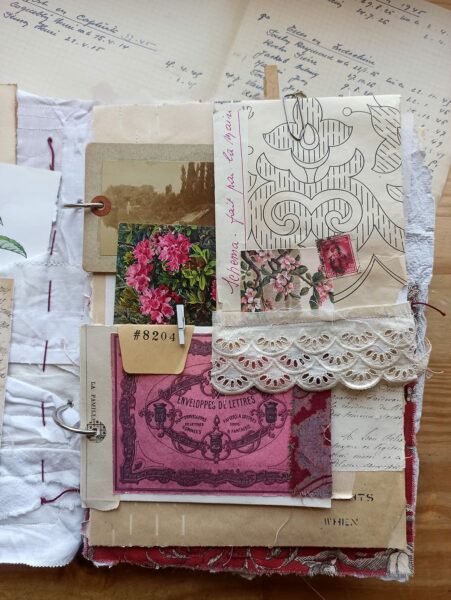 Junk journal spread with lace tag