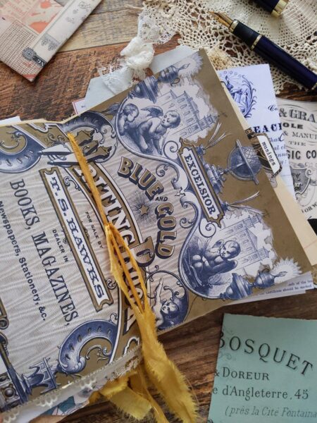 Junk journal spread with antique advertisement 