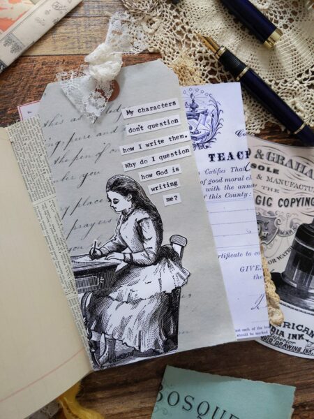 Junk journal spread with script ephemera