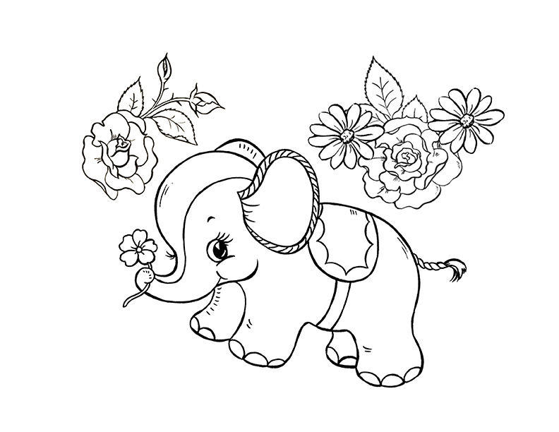 Cute Elephant with flowers color sheet
