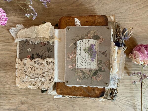 Junk journal spread with floral frame