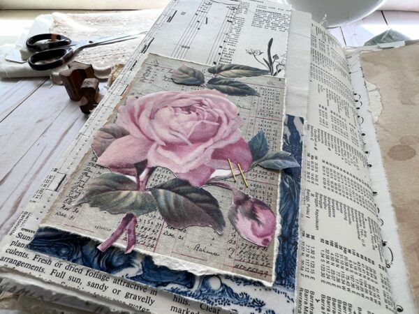 Junk journal spread with rose print