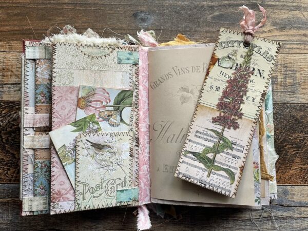 Junk journal spread with long flower tag