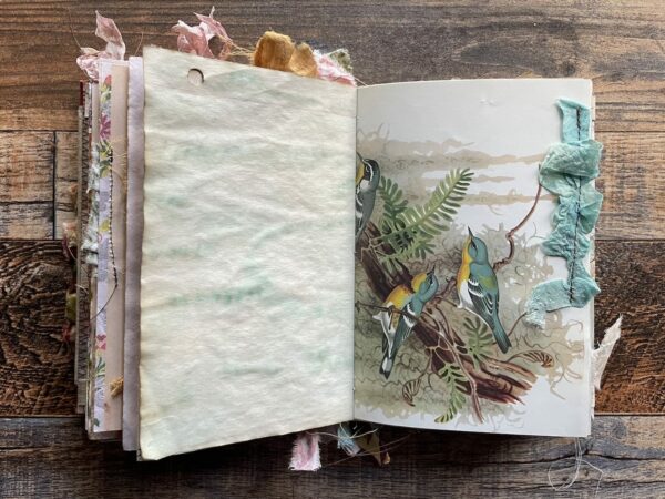 Junk journal spread with green birds