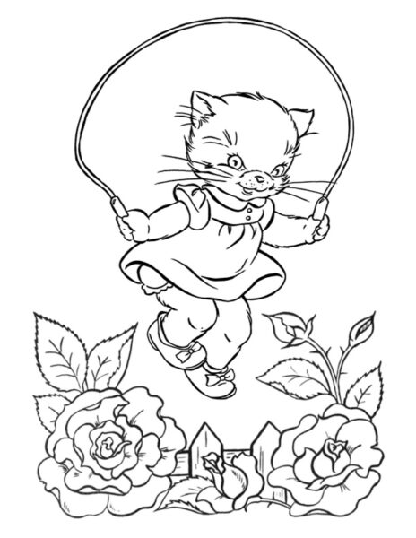 cat playing jump rope with flowers
