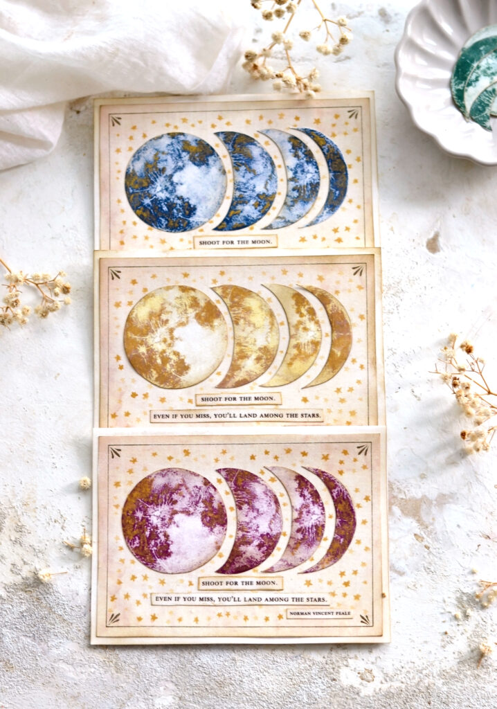 blue, yellow and magenta moon cards