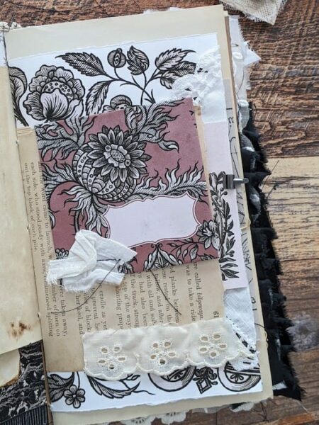 Junk journal spread with pink envelope