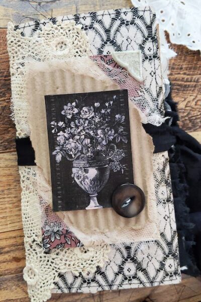 Junk journal cover with black and white flowers