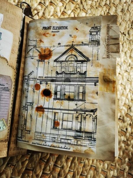 Junk journal spread with house plan image