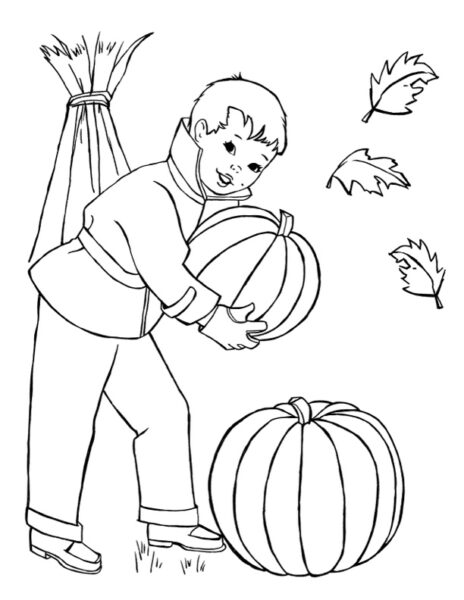 boy and two pumpkins coloring page