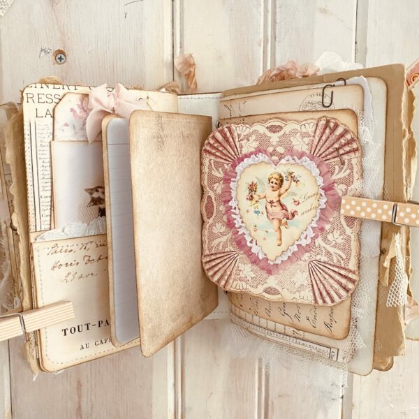 Junk journal spread with valentine heart