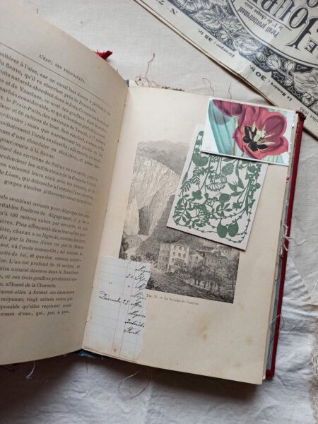 Junk journal spread with old book page