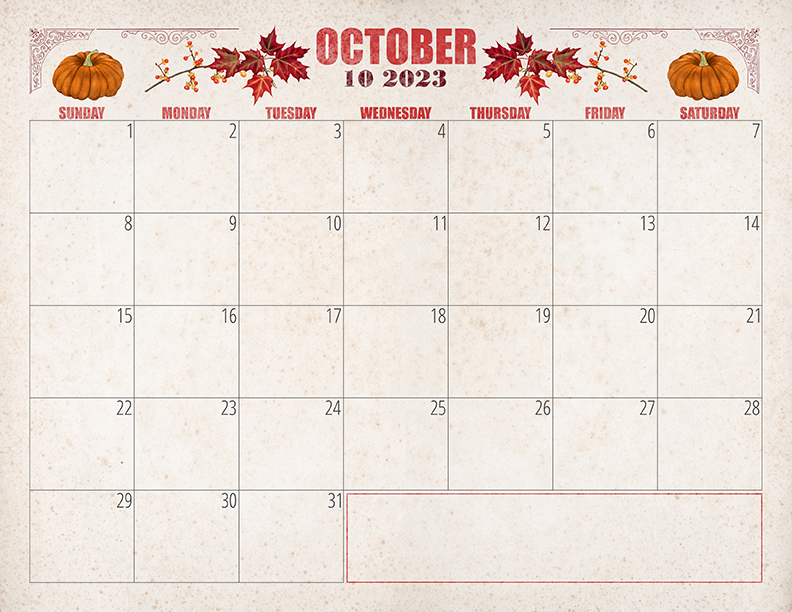 October Printable Calendar 2023