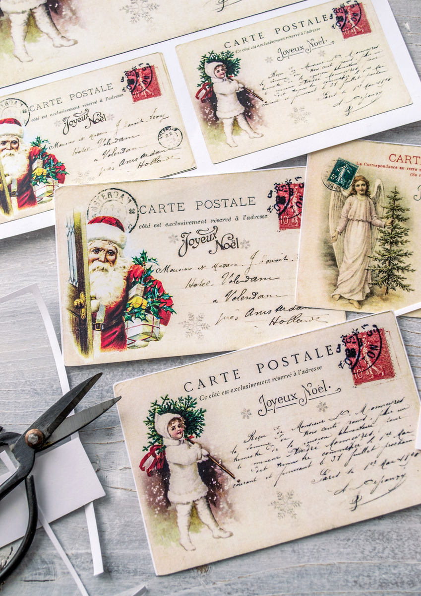 six vintage christmas postcards with scissors