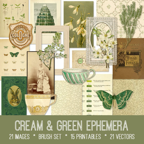 Cream and Green Ephemera Vintage Images