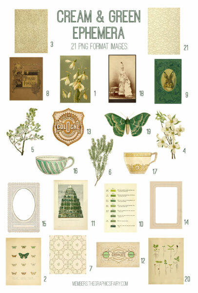 Vintage Cream and Green Ephemera Digital Image Bundle