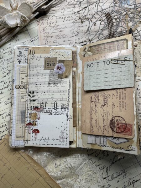 Junk journal spread with note card
