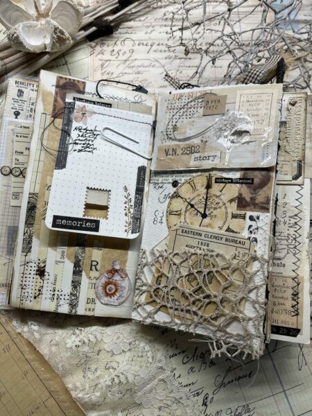 Junk journal spread with lace pocket