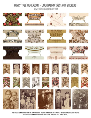 Family Tree Genealogy printable journaling tabs and stickers sheet