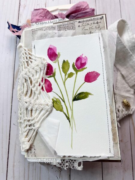 Junk journal cover with handpainted roses