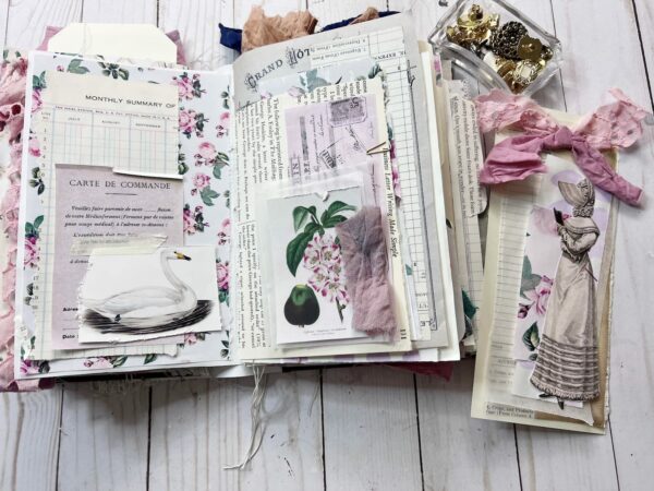 Junk journal spread with tags and pockets