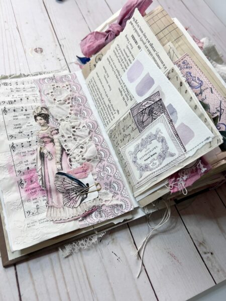 Junk journal spread with pink lady print