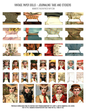 Vintage Paper Dolls printable journaling tabs and stickers
