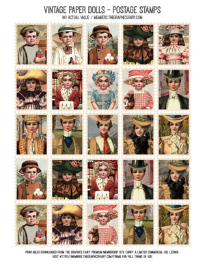 Vintage Paper Dolls assorted printable postage stamps