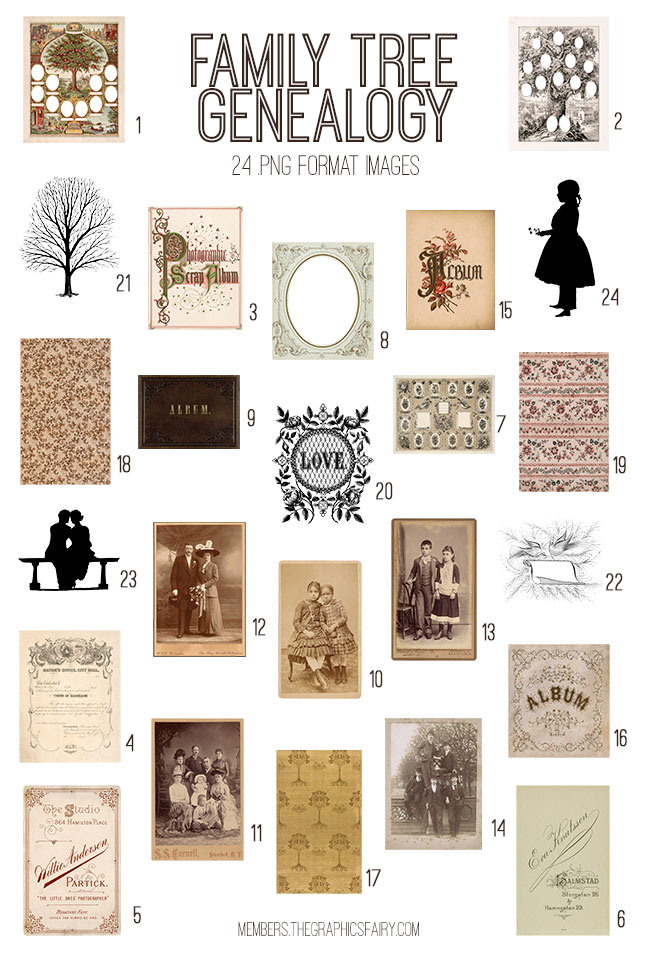 vintage Family Tree Genealogy ephemera digital image bundle