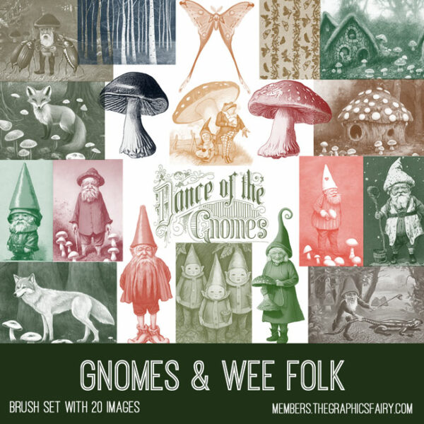 vintage Gnomes & Wee Folk ephemera brush set