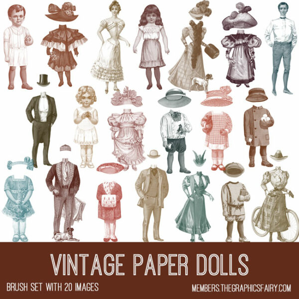 Vintage Paper Dolls ephemera brush set