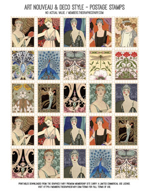 Art Nouveau & Deco Style printable assorted faux postage stamps