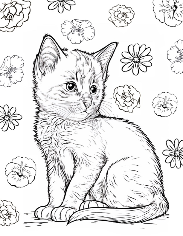 Kitten and flowers coloring