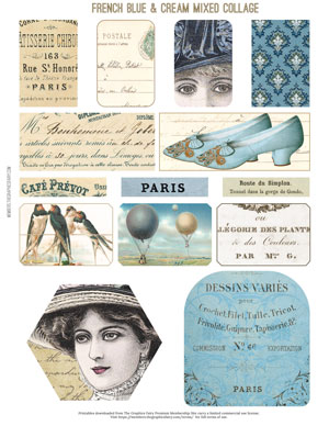 French Blue and Cream printable mixed collage sheet