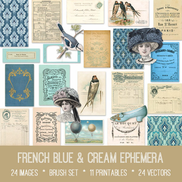 French Blue & Cream Ephemera Vintage Images
