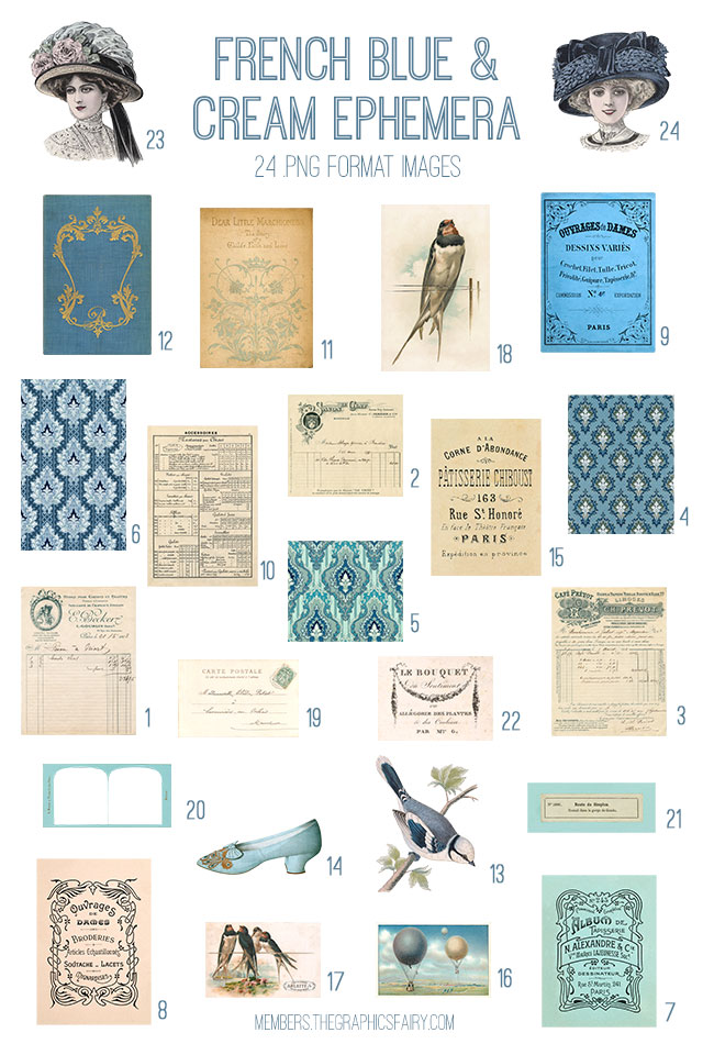 Vintage French Blue & Cream Ephemera Digital Image Bundle